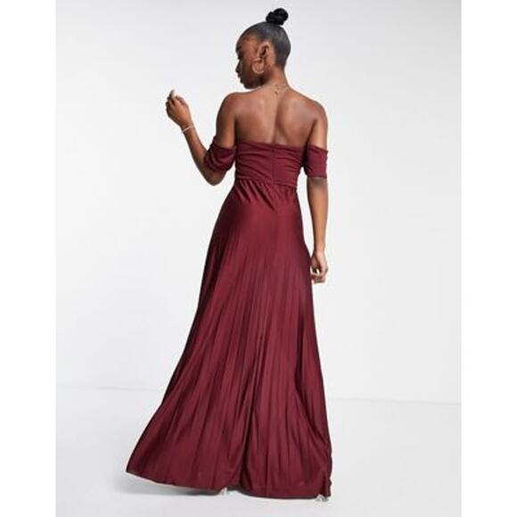 ASOS Draped Neck Off Shoulder Pleated Maxi Dress Size 10 Burgundy NEW - Picture 2 of 11
